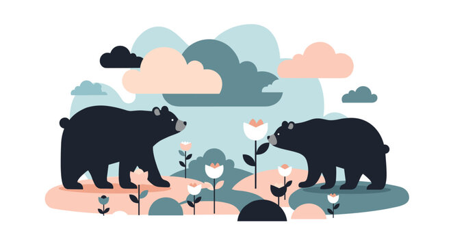 Artistic illustration of two black bears facing each other among stylized clouds and flowers in muted natural tones.