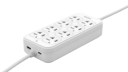White Power Strip with Multiple Outlets and USB Ports on Transparent Background