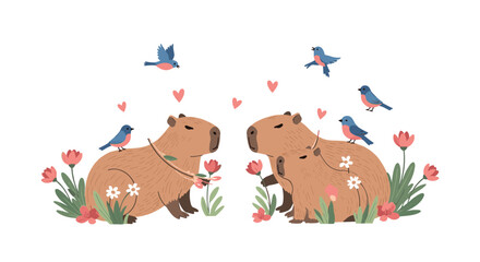 Naklejka premium Heartwarming illustration of capybara families with babies surrounded by blue birds and colorful wild flowers on a white background.