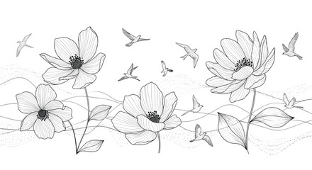 Elegant horizontal border with large flowers and flying birds in a delicate black line art style on a plain white background.