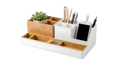 Organized Desk Organizer with Potted Succulent and Stationery on Transparent Background