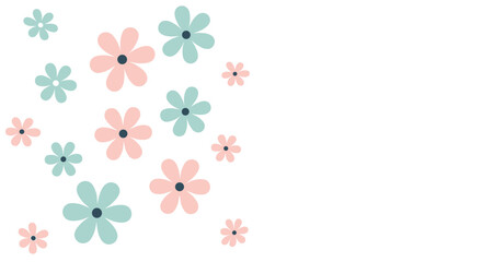 Minimalist composition of simple pink and blue daisy flowers with dark centers arranged on the left side of a white space.