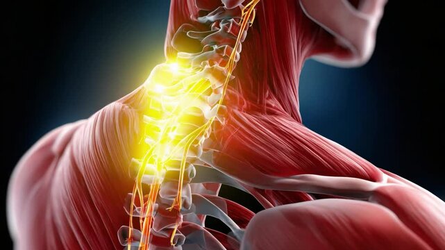 Neck Pain and Medical anatomy: a visual representation of human neck and spine with areas of pain highlighted, suitable for medical, anatomy, or healthcare materials.