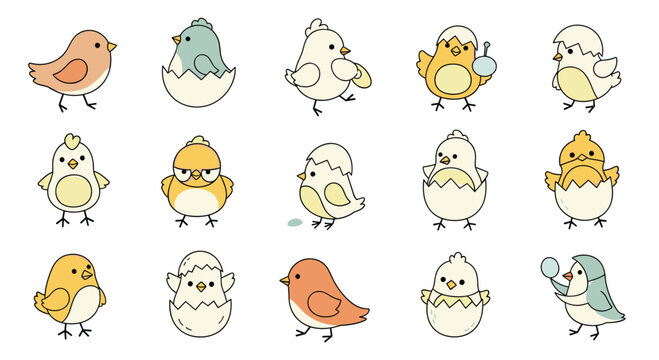 Playful collection of cute baby chicks and little birds in various poses including hatching from eggshells and walking.