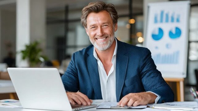 Confident Business Executive at Desk: A distinguished and self-assured middle-aged business leader, radiating poise and experience, sits at his desk.