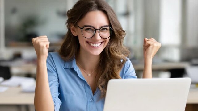 Success's Glow: A radiant woman, illuminated by her screen's glow, celebrates a triumph, her raised fists a symbol of her achievement.