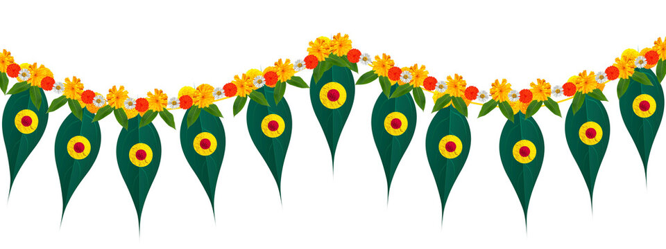 Indian festival Thoranam or Toran of marigold flowers isolated on transparent background with lotus flower and mango leaf, hanging in entrance of house, reception, mall, temple, functions.