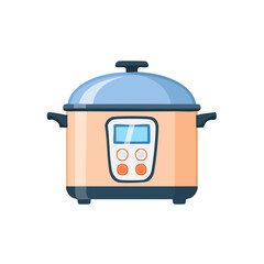 Digital multicooker pot with modern control panel and blue lid isolated on white background