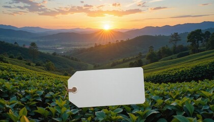 Scenic Tea Hills at Sunrise with Green Leaves and a Blank Tag on Fabric