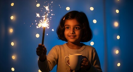 Young Girl Joyfully Celebrates with Sparkler and Festive Lights.