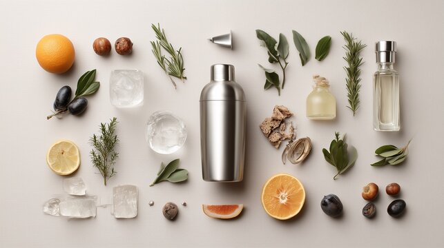 Various ingredients and tools for making cocktails on a flat surface in a bright setting