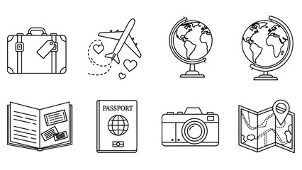 A collection of black and white line art icons representing various travel and tourism essentials.