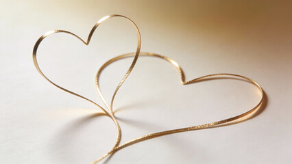 "Two intertwined golden wire hearts on soft gradient background, minimalist love symbol and romantic decor"
