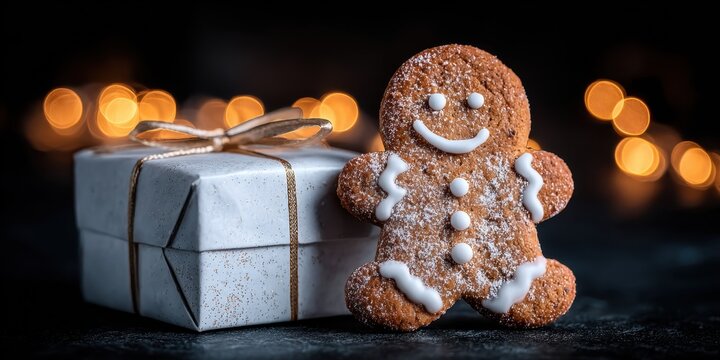 Gingerbread man beside a gift box with a string bow against bokeh lights background