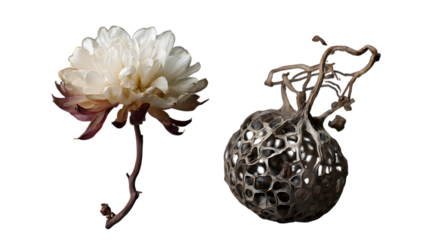 White peony flower and seed pod isolated on a transparent background plant nature