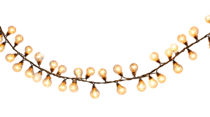 Curved string of warm yellow lights isolated on transparent background