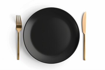 Chic Modern Black Dinner Plate Elegant Gold Fork Knife Cutlery Minimalist on transparent background