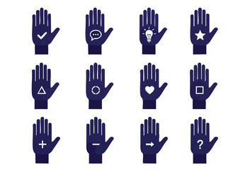 Fototapeta premium Collection of dark blue hands displaying various symbolic icons against a stark white backdrop representing diverse concepts and actions for graphic