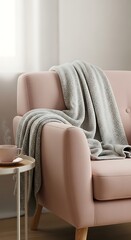 Cozy Living Room Scene with Soft Pink Sofa and Blanket.