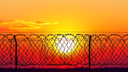 Sunset barbed wire fence border security image