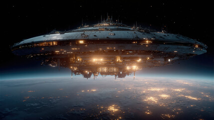 Giant spaceship hovering over earth illuminated by city lights at night, ufo and alien themes