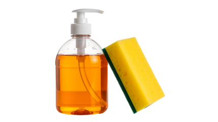 Liquid soap dispenser with sponge isolated on white background
