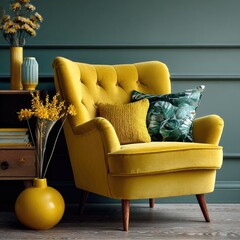 Elegant yellow armchair with decorative pillows against a teal wall backdrop