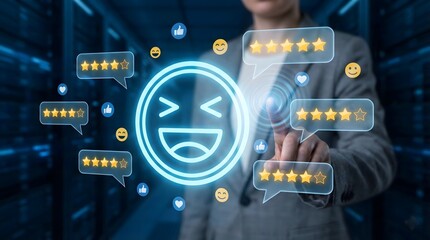 A high-tech digital interface for monitoring user feedback and social media engagement, featuring glowing icons for ratings, likes, and positive emotions against a dark data center background.