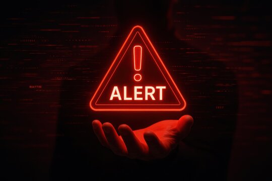 Hand presenting a glowing red alert sign against a dark digital background, symbolizing warnings in technology, cybersecurity, and real-time data processing.