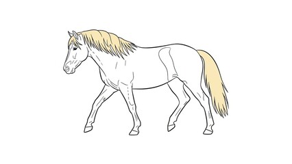 Majestic white horse with blonde mane and tail walking © Tana
