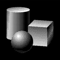 Basic geometric shapes - cube, sphere, and cylinder - created in a pixel art style with dithering effects. Isolated on a black background for versatile use. Bitmap vector illustration