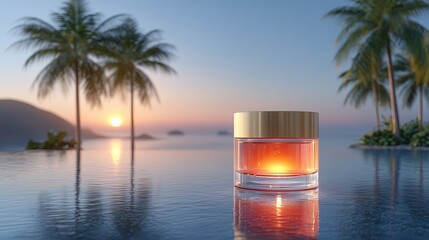 Luxury cosmetic jar on infinity pool edge, reflecting golden tropical sunset with palm trees
