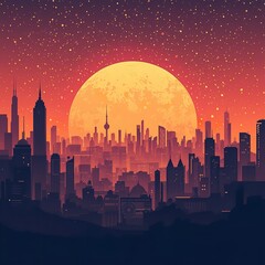 Vibrant cityscape at sunset with a large moon, starry night sky, and modern skyscrapers in a futuristic urban landscape