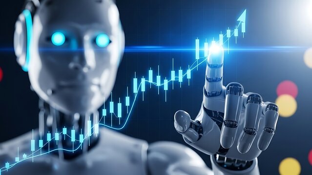 AI robot face with futuristic data visualization - Powered by Adobe