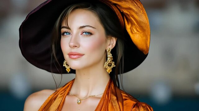 pretty Caucasian woman fashionista girl wearing big hat match with gown 