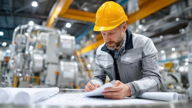 Focused Precision: A skilled engineer, helmet firmly in place, meticulously reviews blueprints within a modern industrial setting. The image portrays expertise, precision.