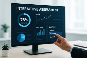 User interacting with an interactive assessment dashboard displaying progress and options on a modern monitor. Concept of data analytics and user engagement in learning.