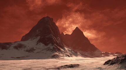 Jagged obsidian mountain peaks pierce a swirling fiery red sky over a desolate snow-covered landscape