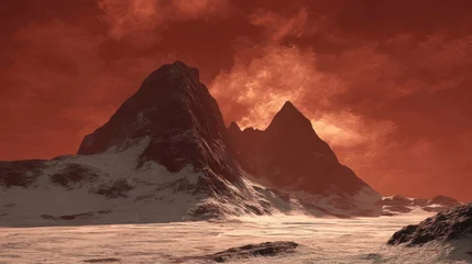 Keuken achterwand Bordeaux Jagged obsidian mountain peaks pierce a swirling fiery red sky over a desolate snow-covered landscape  © Bong