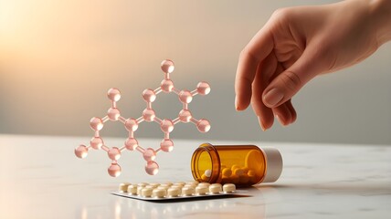 Hand placing pill next to spilled amber bottle and molecular model, symbolizing hrt for woman and hormone therapy decision.