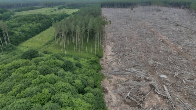 Aerial view contrasting thriving forest canopy with adjacent clearcut area, symbolizing biodiversity loss and habitat destruction.