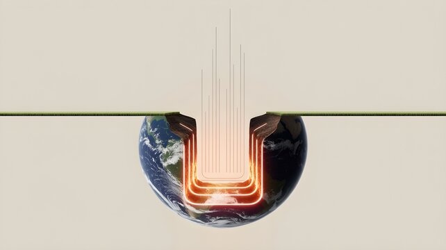Illustration of geothermal energy concept showing earth cross section with heat flow and drilling pipe, symbolizing deep thermal extraction for power and heat.
