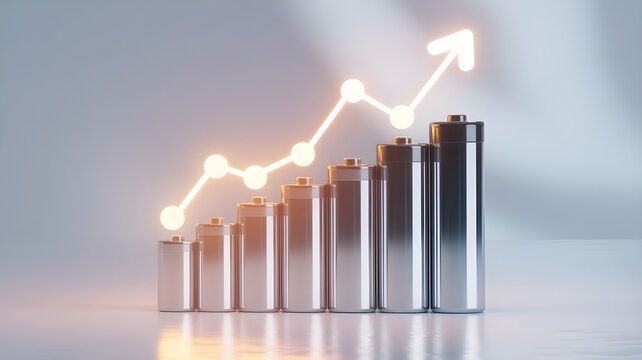 Row of metallic battery cell with glowing charge indicator forming upward arrow, representing energy storage growth and capacity increase.