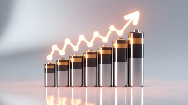 Row of cylindrical battery cells with glowing upward arrow indicating growth in battery market and investment trend.