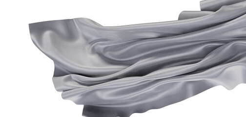 Close-up of a shimmering silver cloth, waving and flowing gracefully against a clean white...