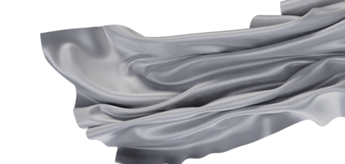 Close-up of a shimmering silver cloth, waving and flowing gracefully against a clean white backdrop, capturing elegance.