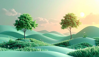 Tranquil hillside trees glowing at sunrise over misty green valleys and wildflowers