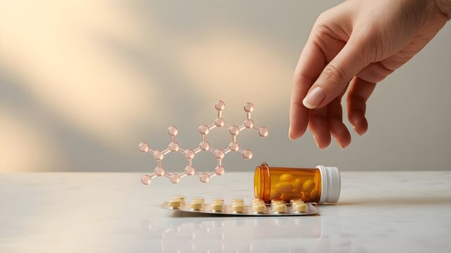 Hand picking pill from spilled bottle with hormone molecule model, representing hrt for women and menopausal symptom management.