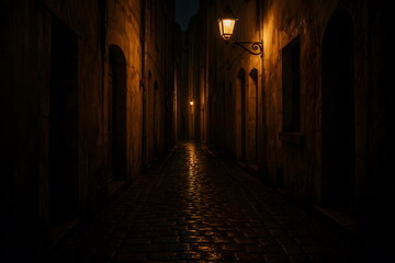 Narrow old European street illuminated by warm lantern light at night.