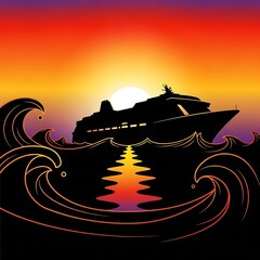 Cruise Ship Silhouette at Sunset with Stylized Waves and Vibrant Sky.